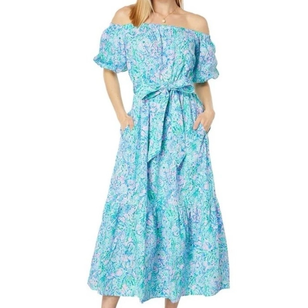 Lilly Pulitzer The Tami Blue Floral Off The Shoulder MIDI Dress  Small